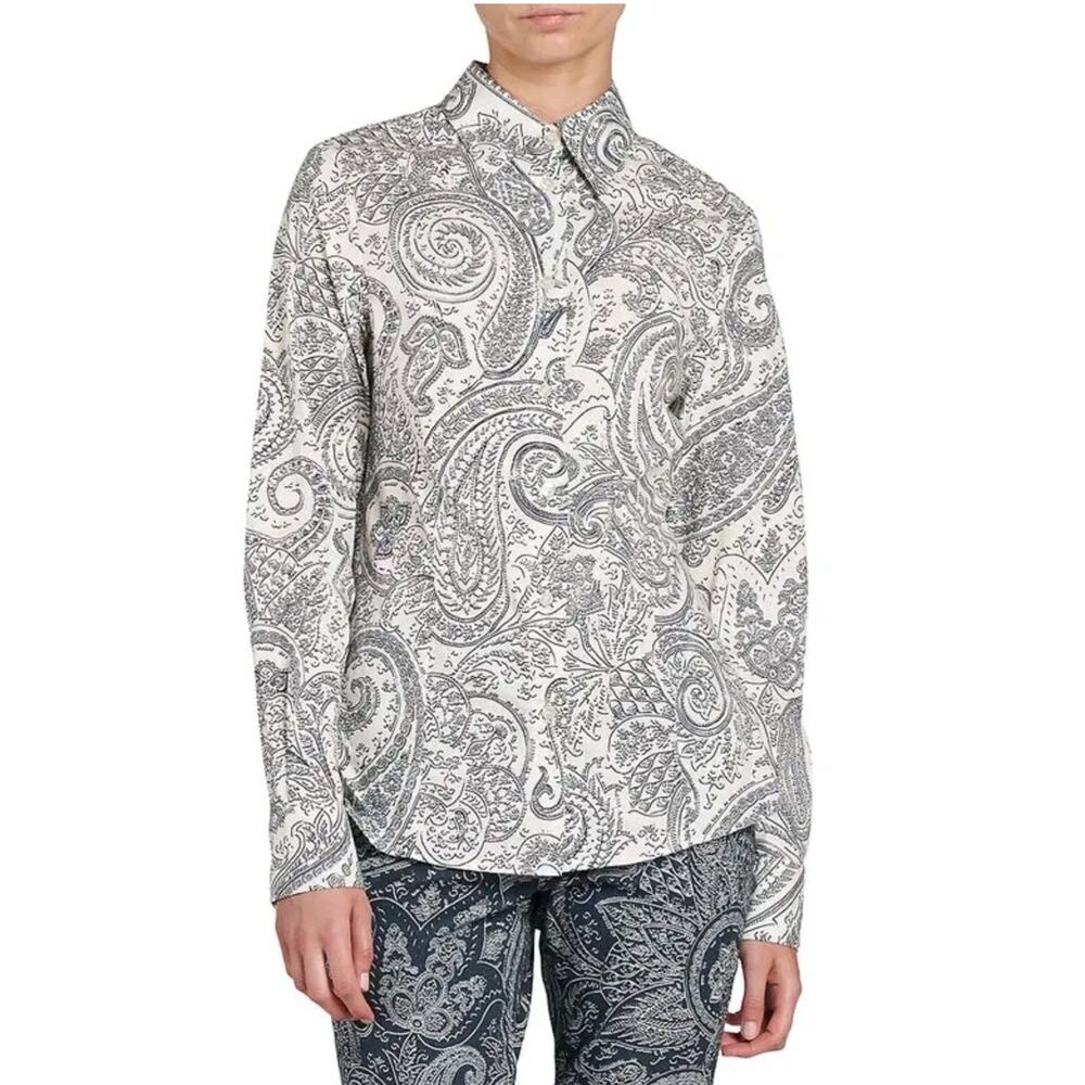 Etro Cotton‎ Paisley Shirt White Blue Button Front Long Sleeve Sz 40 IT / 4 US